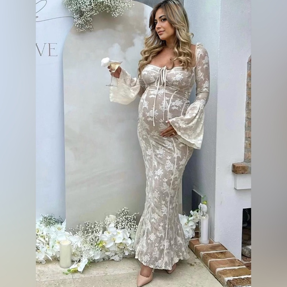 Momyknows White Lace Corset Square Neck Flare Sleeve Dress